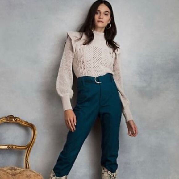 Happy Nature Ruffle Shoulder Mock Neck Open Weave Sweater Tan Beige Medium - Picture 2 of 13